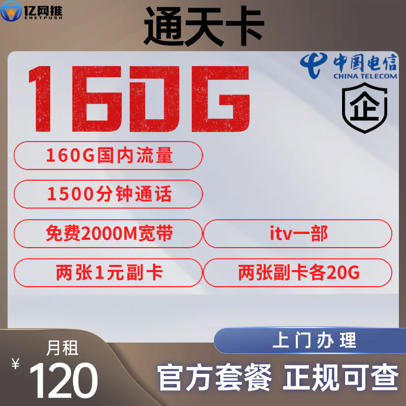 【南通电信通天卡】月租120元包含160G国内通用流量+1500通话+2000M宽带+ITV1部