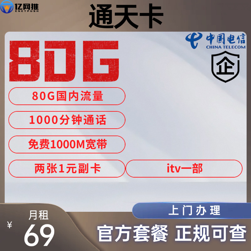 【南通电信通天卡】月租69元包含80G国内通用流量+1000分钟通话+1000M宽带+免费ITV1部|